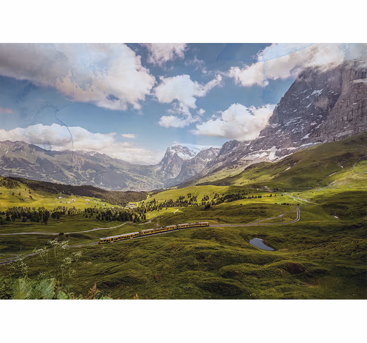 Rollo fenster wohnzimmer grünes feld mit bergen und zug - TenStickers