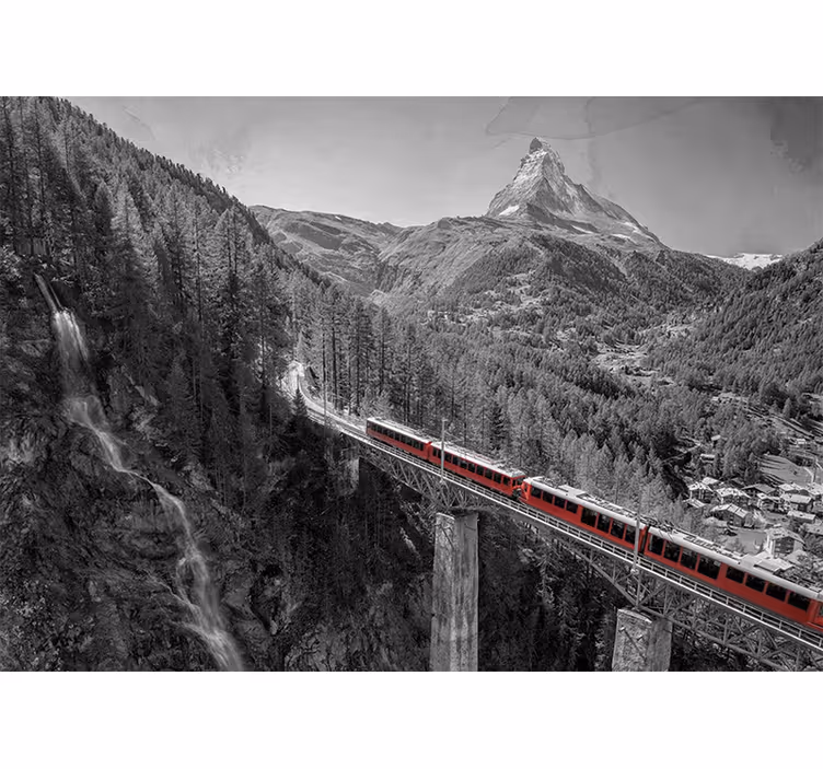 Rollo fenster wohnzimmer roter zug auf brücke mit matterhorn - TenStickers