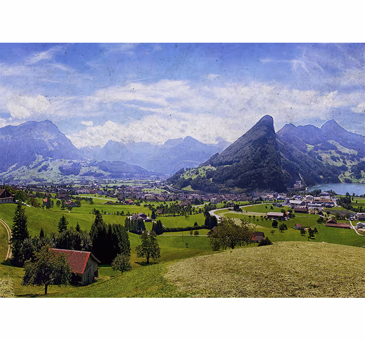 Rollo fenster wohnzimmer häuser auf grüner wiese - TenStickers