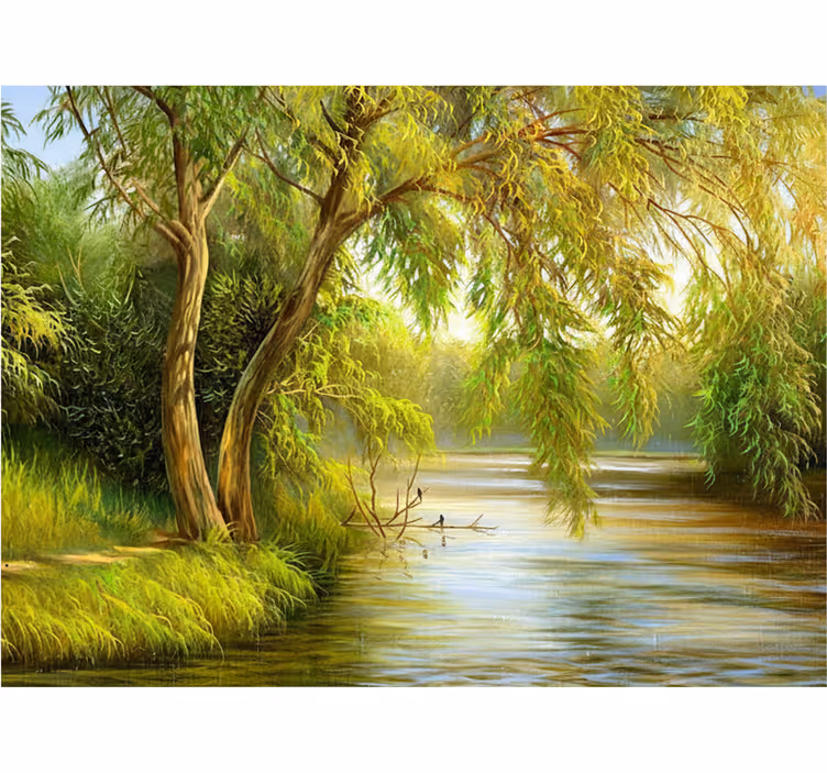Fototapete wald sanfter fluss mit weiden - TenStickers