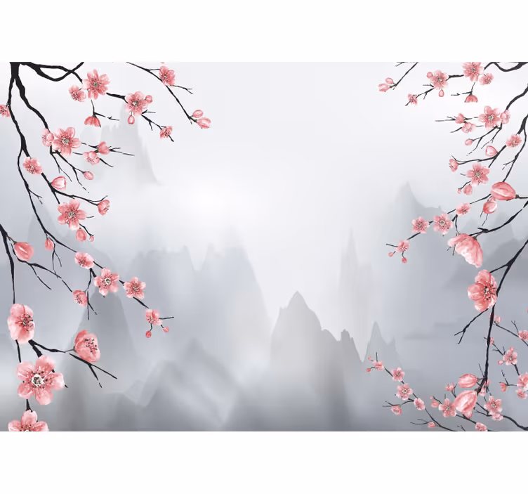 Fototapete grau mit kirschblüten und bergen - TenStickers