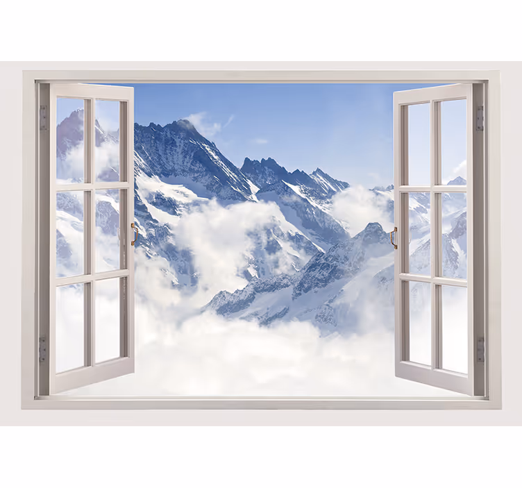 Fototapete 3D Berg aus dem fenster blauen himmel - TenStickers