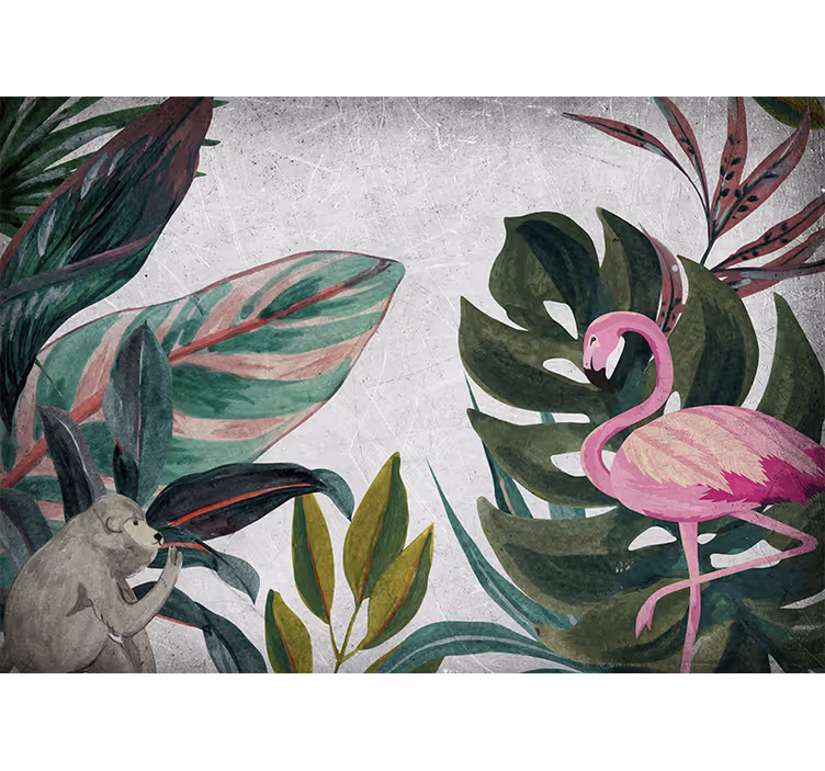 Fototapete dschungel mit flamingo und affe - TenStickers