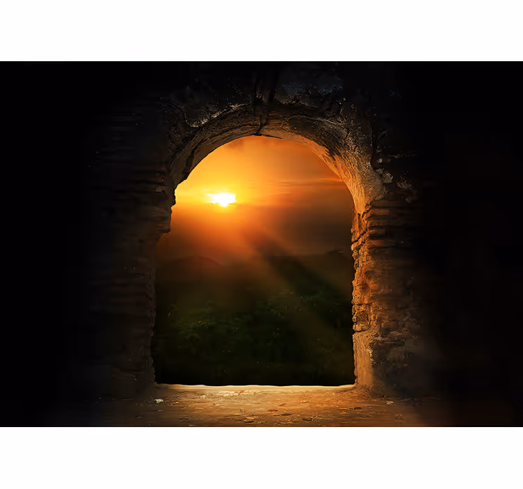 Fototapete 3D Fenster burg sonnenuntergang - TenStickers