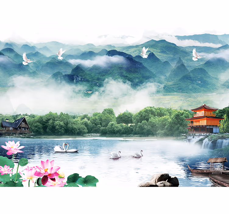 Fototapete Berge Asiatische berge mit vögeln - TenStickers