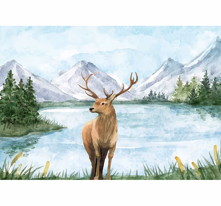 Fototapete Natur Landschaft mit see und rehen - TenStickers