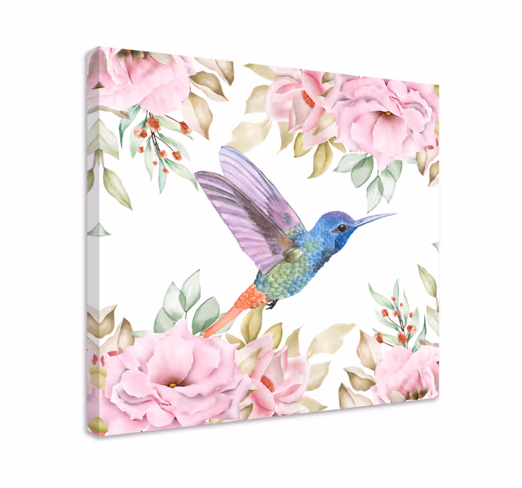 Leinwandbild Blume Hängende gartenblumen mit vögeln - TenStickers