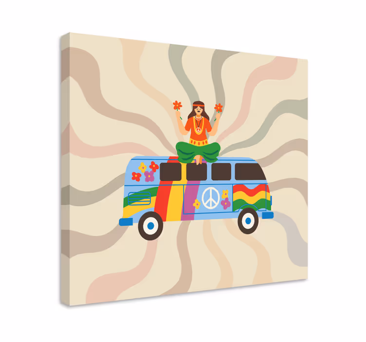 Wandbilder Vintage Colorfu hippie-mädchen mit einem bus - TenStickers