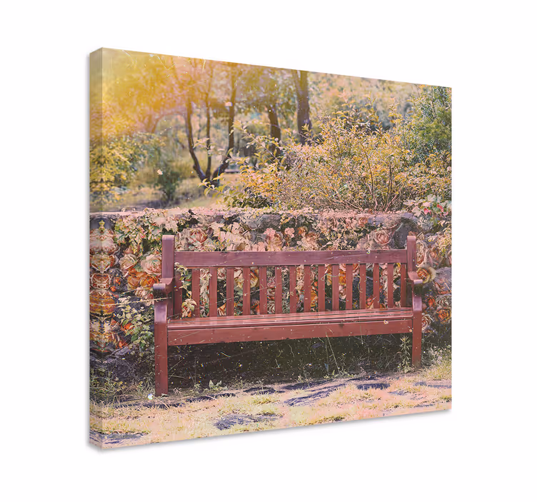 Leinwandbild Blume Cottagecore-holzbank zwischen rosen - TenStickers