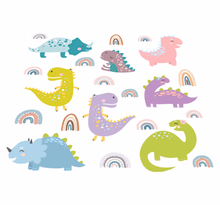 Vinyl teppich tiere nordic dinosaurier mit regenbögen - TenStickers