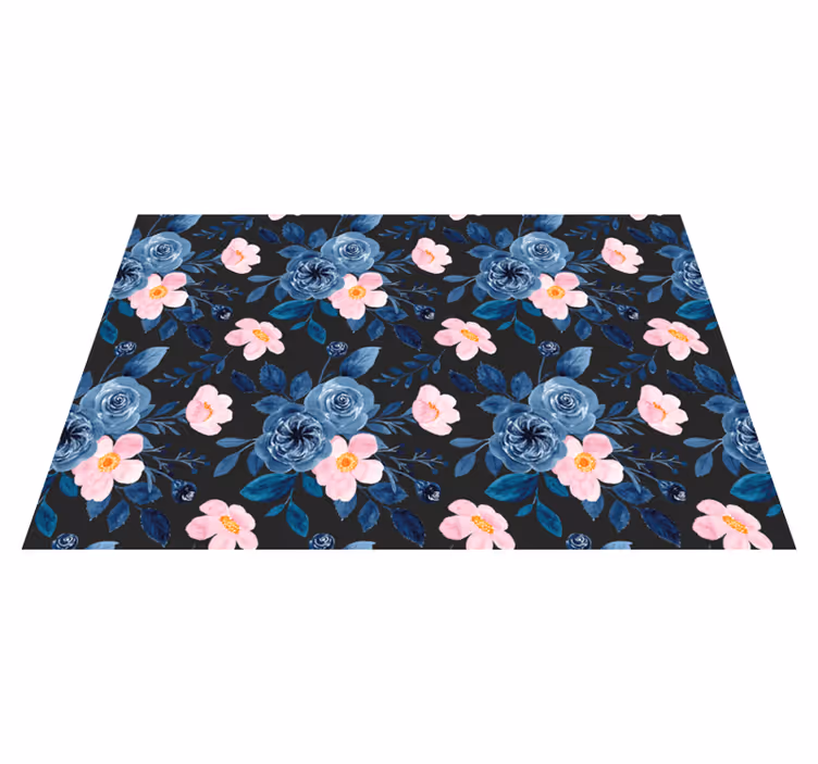 Vinyl teppich blumen in blau und rosa auf schwarz - TenStickers