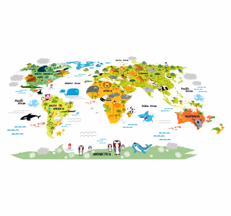 Vinyl teppich weltkarte mit englischem tierdesign - TenStickers