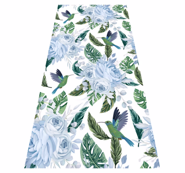 Vinyl teppich küche mit blauen gartenblumen und vögeln - TenStickers
