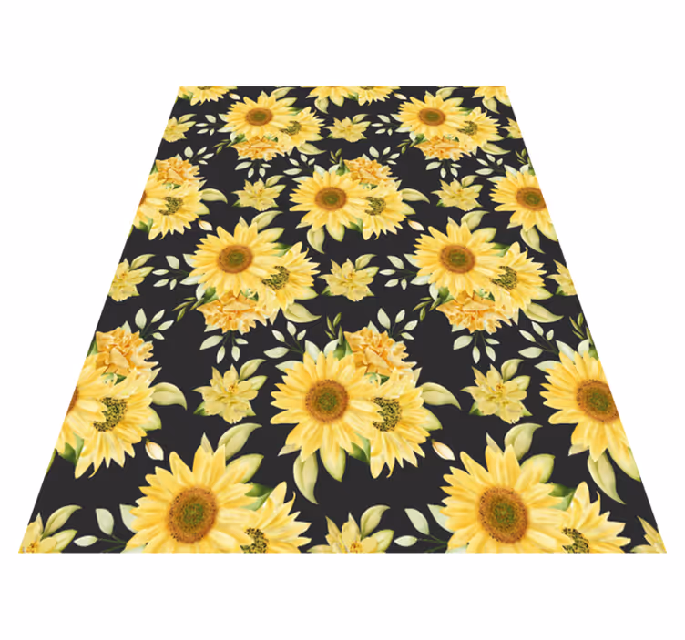Gelber vinyl teppich mit sonnenblumenmuster auf schwarz - TenStickers