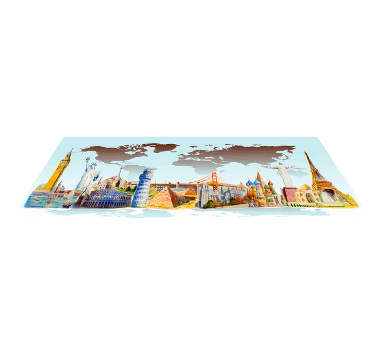 Vinyl teppich weltkarte bunte wahrzeichen collage - TenStickers
