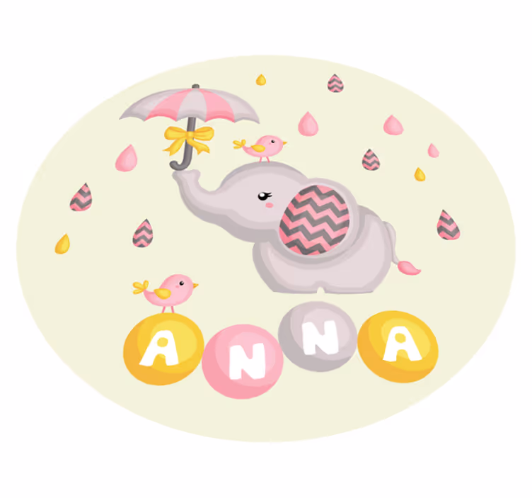 Vinylteppich mit Name Kinder elefant und vogel mit regenschirm - TenStickers