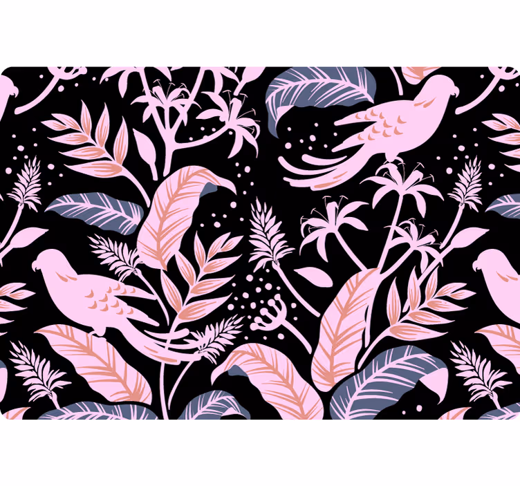 Tapete natur mit schwarzen und rosa vögeln auf blättern - TenStickers