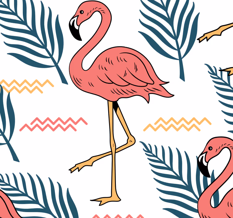 Tropische Blätter mit Flamingos Tier Tapete - TenStickers