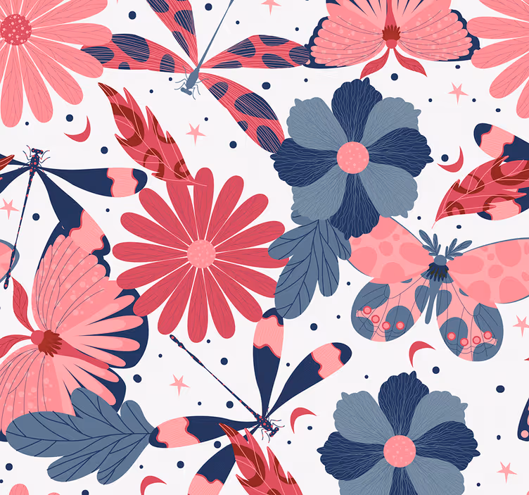 Blumentapete mit pinkem schmetterlingsmuster - TenStickers