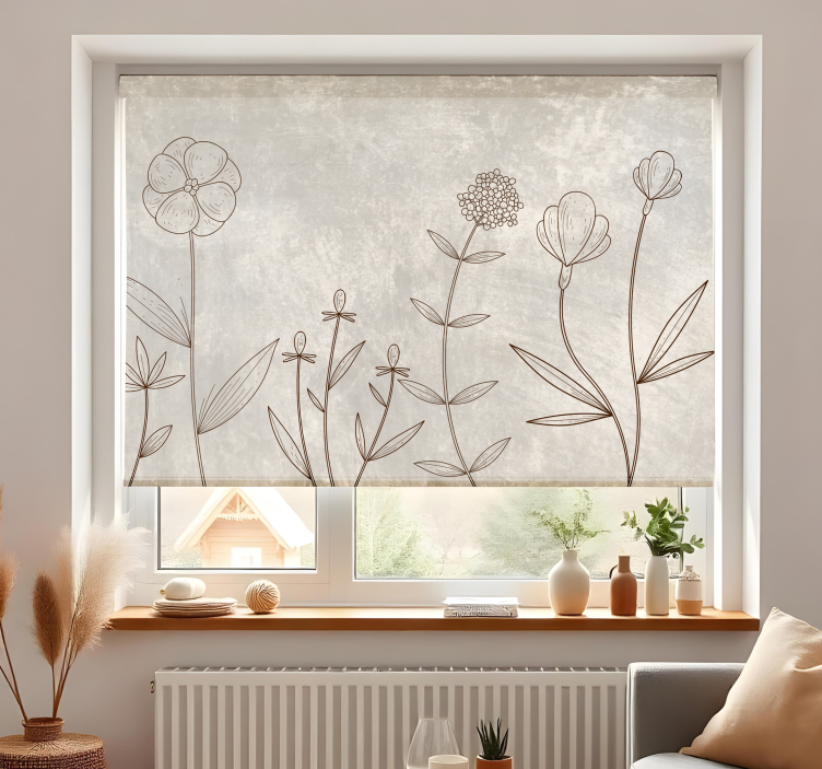 Rollo Fenster Wohnzimmer graues florales skizzenmuster - TenStickers