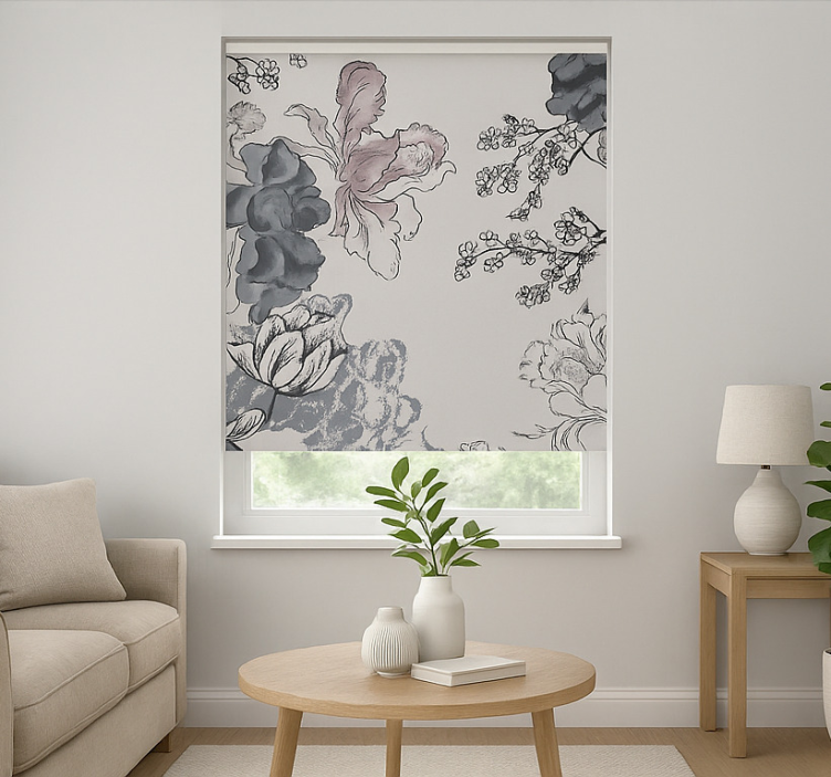 Rollo Fenster Wohnzimmer graustufen-aquarellblumen - TenStickers