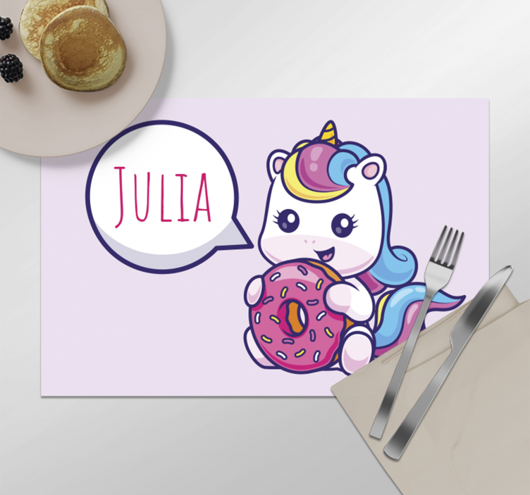 Tischset mit Namen Einhorn mit Donut - TenStickers