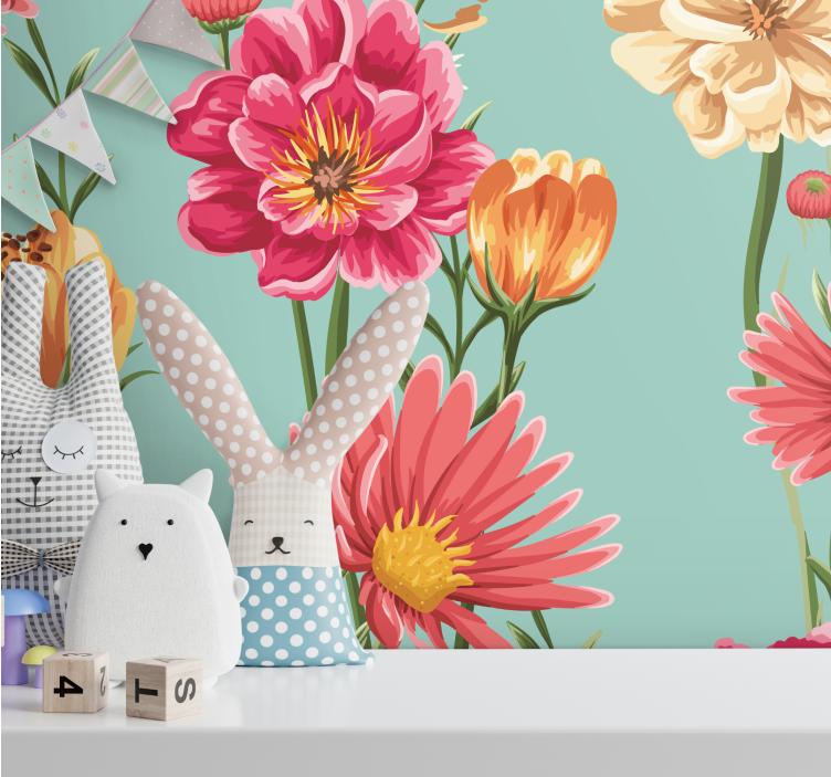 Fototapete Blumen Bunte blumen blauer Hintergrund - TenStickers