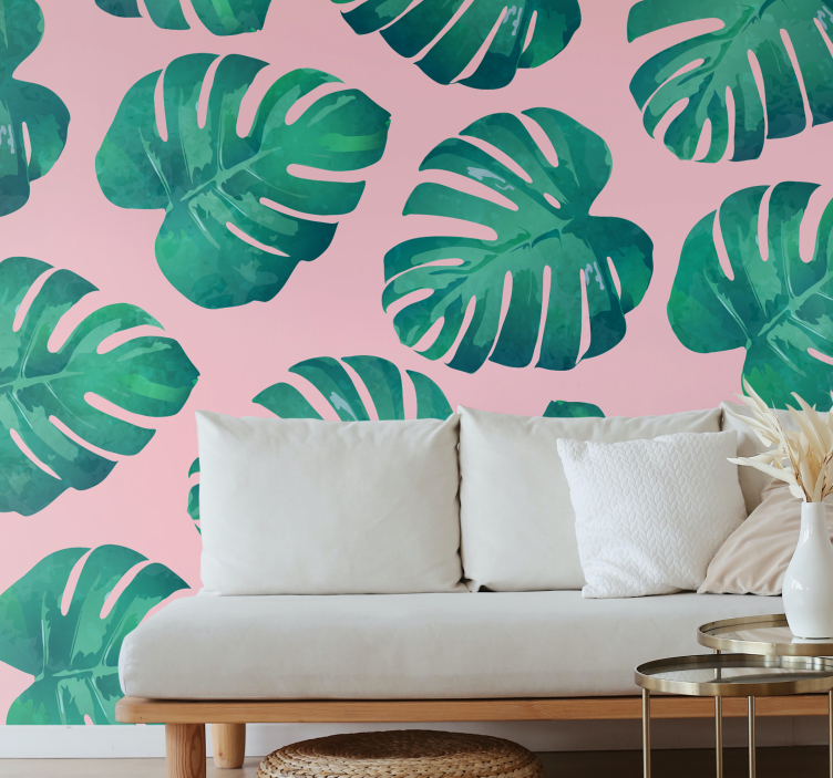 Fototapete Andere Blumen Rosa Hintergrund monstera blätter - TenStickers