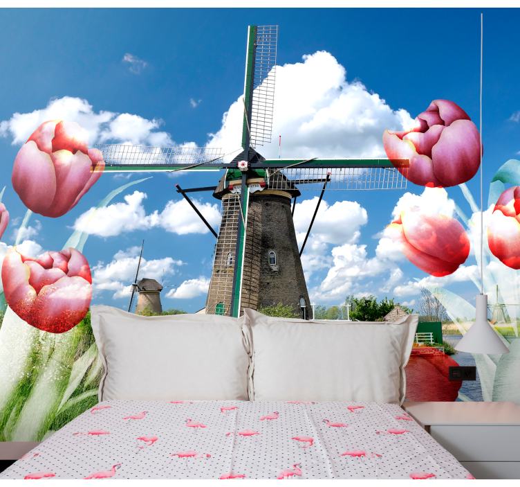 Fototapete blumen tulpen und windmühle - TenStickers
