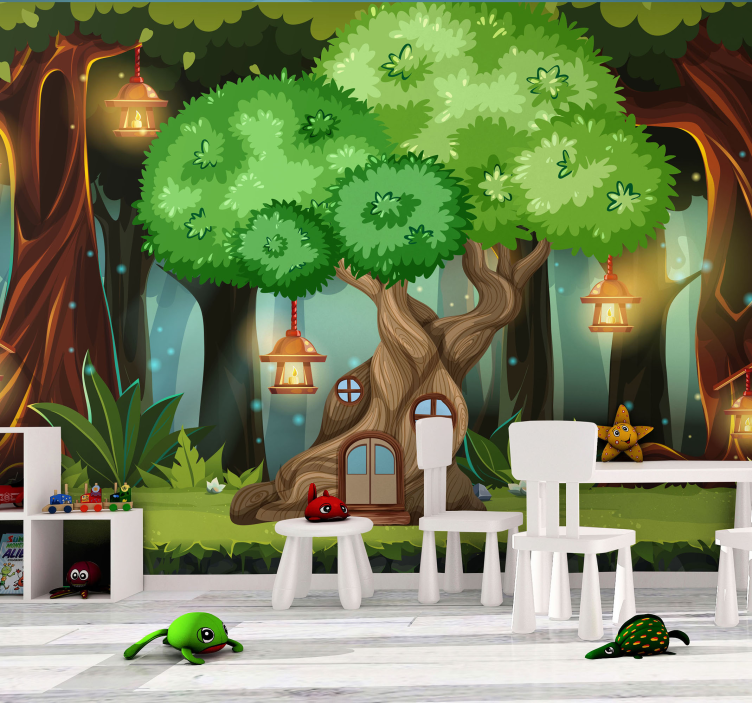 Fototapete Kinderzimmer Fantasiebaumhaus mit laternen - TenStickers