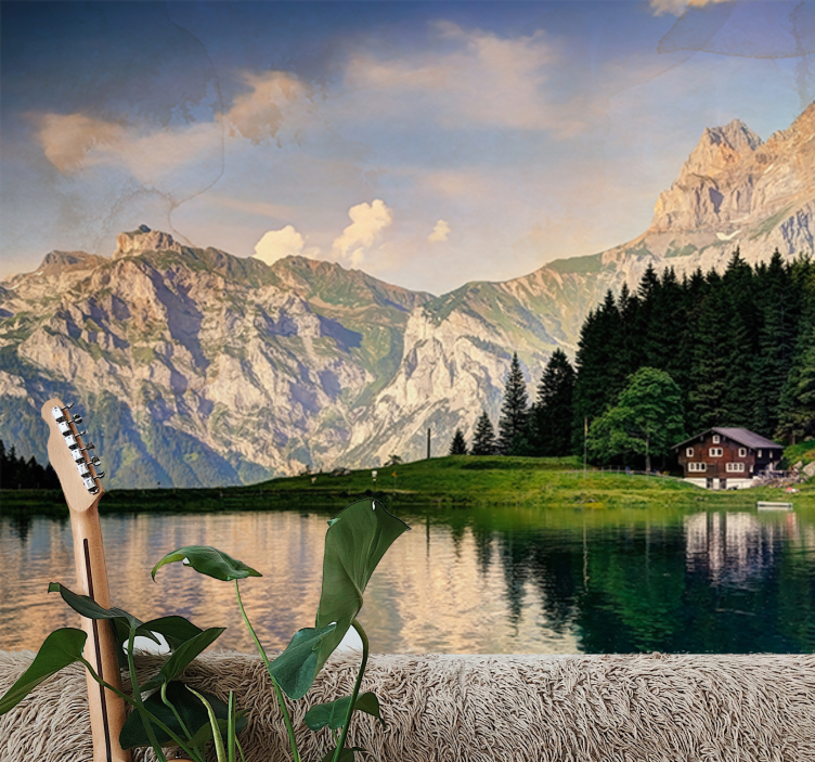 Fototapete Natur Haus am see mit den bergen - TenStickers