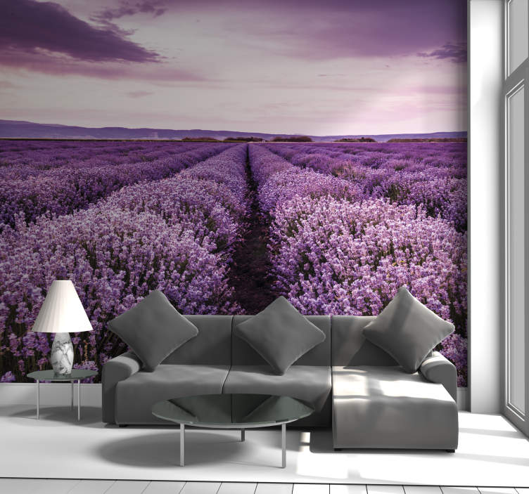 Fototapete Wohnzimmer Lila blumen auf der wiese - TenStickers
