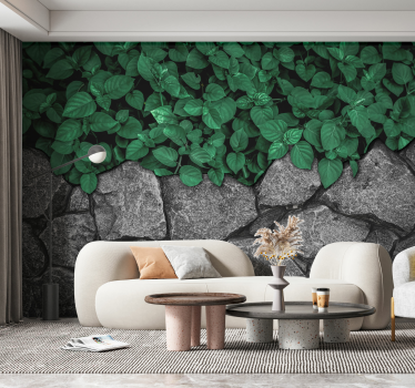 Blätter und Steinmauer Fototapete Wohnzimmer - TenStickers