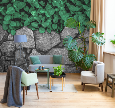 Blätter und Steinmauer Fototapete Wohnzimmer - TenStickers