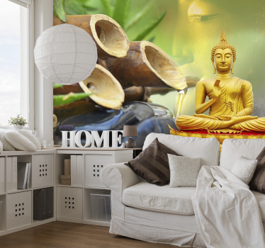Goldener Buddha mit Wasserspiel Fototapete - TenStickers