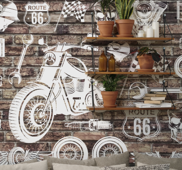 Motorrad Fototapete Ziegel und motorräder mit hölzernem Hintergru - TenStickers