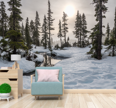 Verschneiter Wald Fototapete Wohnzimmer - TenStickers
