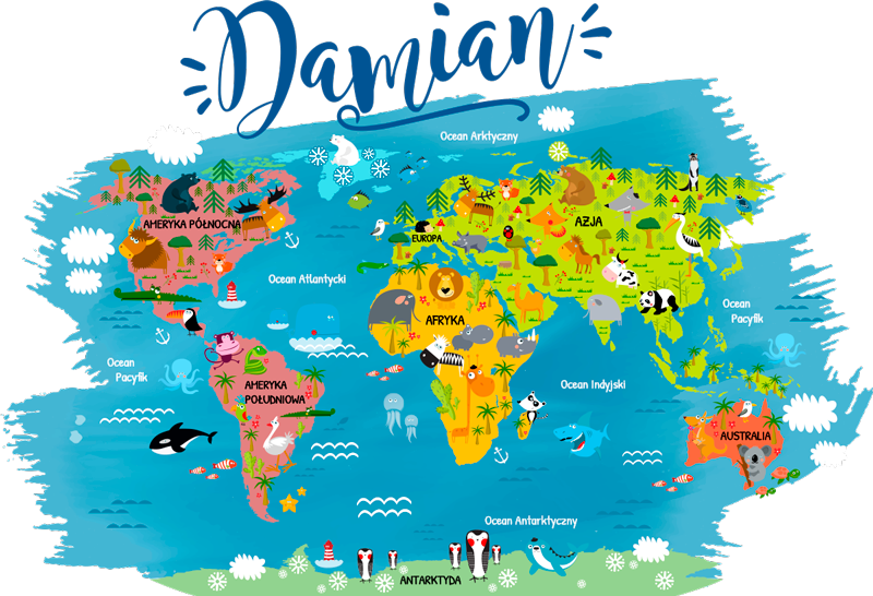Poster weltkarte mit polnischen tiernamen - TenStickers
