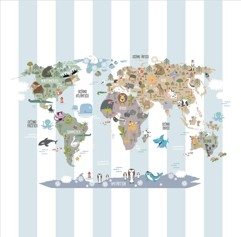 Poster weltkarte mit tierweltillustrationen - TenStickers