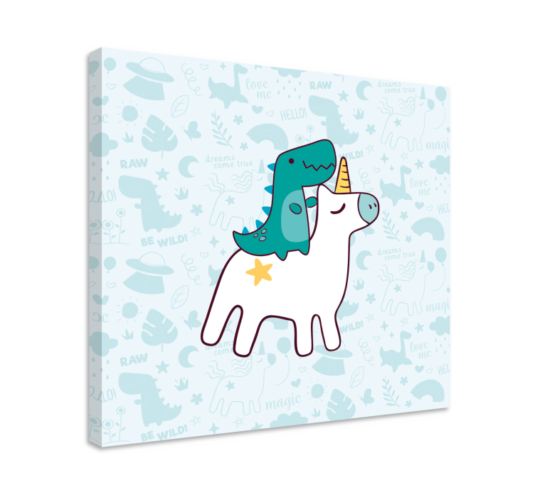 Einhorn wandbild mit dinosaurier auf dem rücken - TenStickers