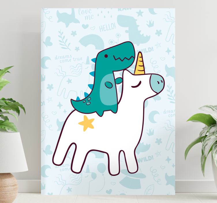 Einhorn wandbild mit dinosaurier auf dem rücken - TenStickers