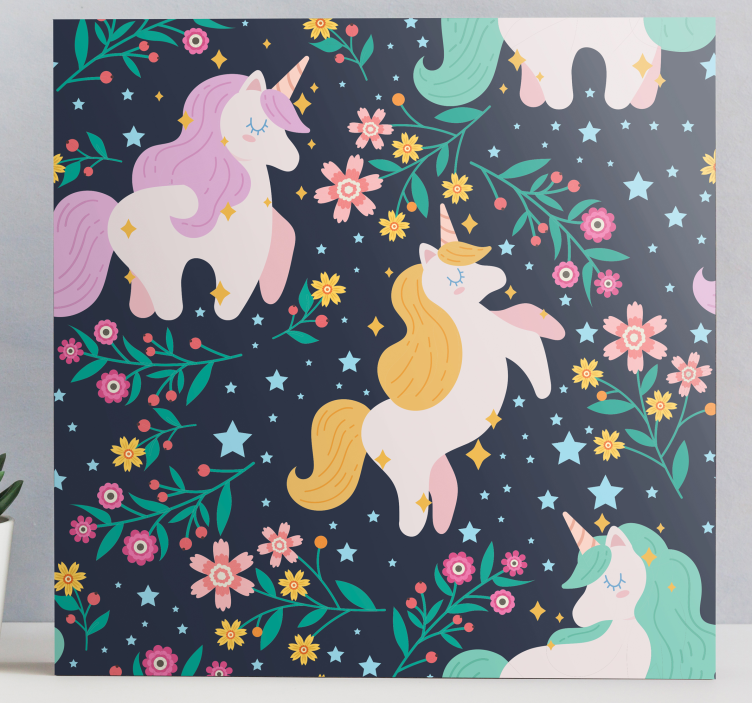 Einhorn Wandbild Unicornios flores y estrellas - TenStickers