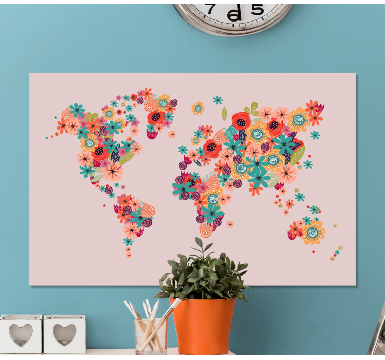 Weltkarte leinwand mit floralen motiven - TenStickers