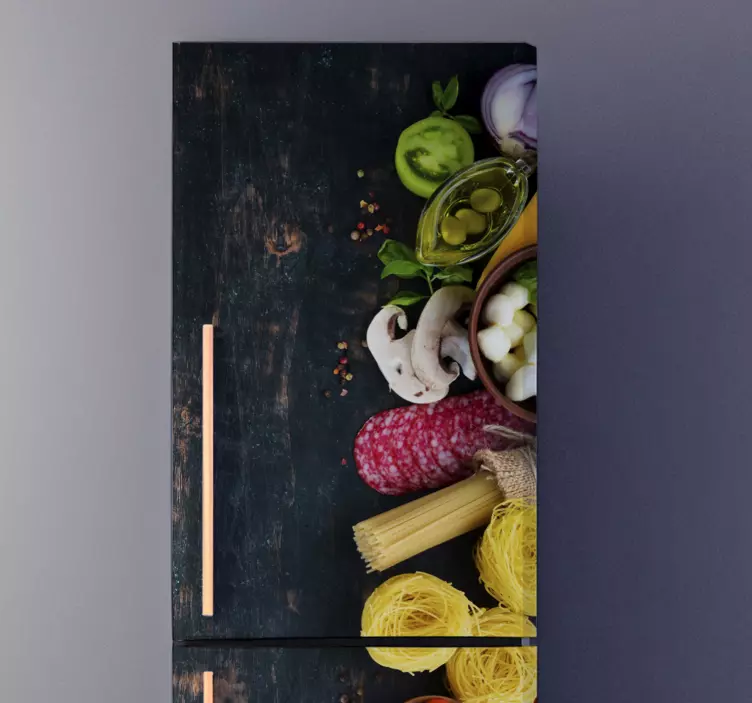Kühlschrank Aufkleber vinyl Essen auf Holz - TenStickers