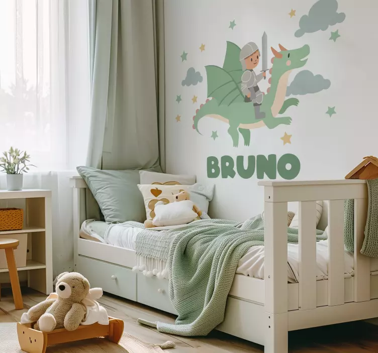 Wandtattoo Zeichnung kleiner ritter auf einem drachen - TenStickers