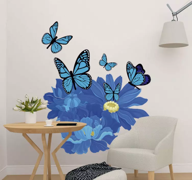 Wandtattoo Blume Blaue aquarellblumen mit schmetterlingen - TenStickers