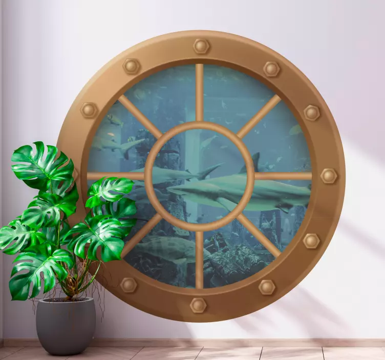 Wandtattoo Fisch Haifischjagd durch u-boot-fenster - TenStickers