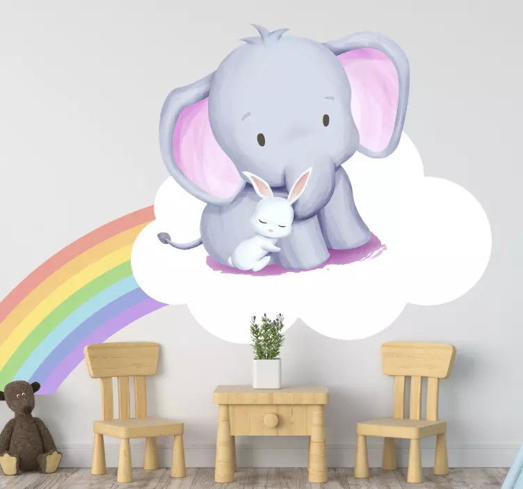 Wandtattoo Märchen Elefant und kaninchen schlafen auf regenbogen - TenStickers