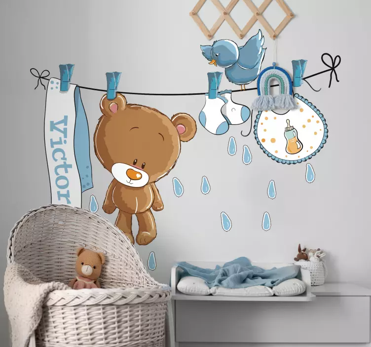 Wandtattoo Wäscheleine Teddybär Kinder - TenStickers