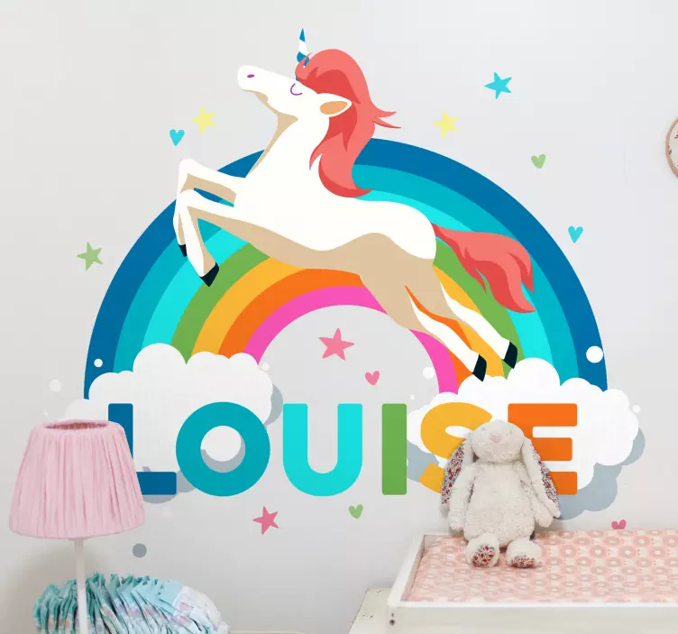 Wandtattoo Weißes Einhorn und Regenbogen mit Namen - TenStickers
